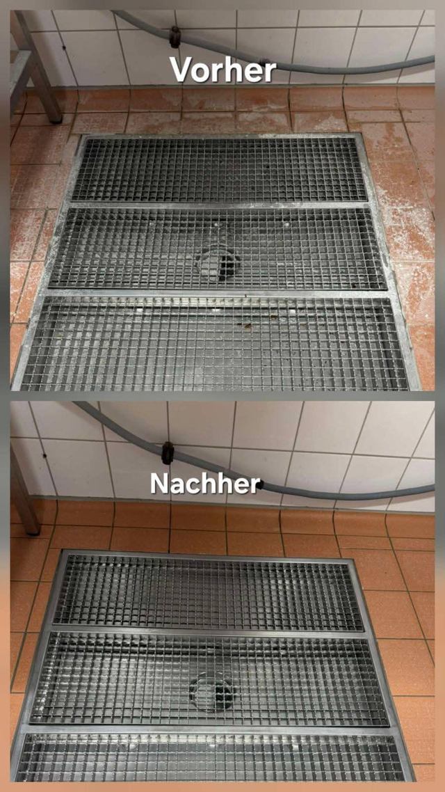 Bodenablauf mit Gitter und Fliesen vorher und nachher, Originalbeschriftung erhalten