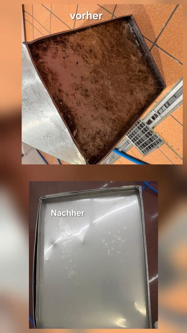 Metallschale mit Ablagerungen vor der Reinigung und gereinigte Metallschale danach
