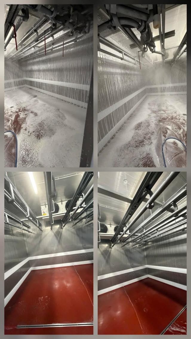 Originalkollage mit vier Bildern eines Industrieraums während und nach der Schaumreinigung